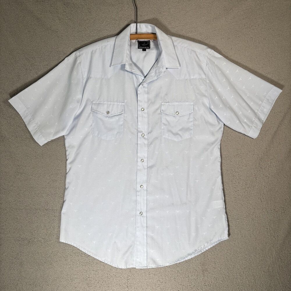 Roper Men’s Shirt L Pearl Snap Short Sleeve Long Horn AOP Cowboy Western Ranch